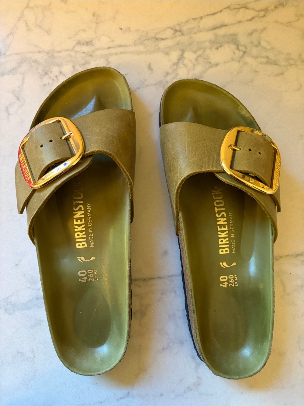 Birkenstock Olive Green Single-Strap Slides with Gold Buckles